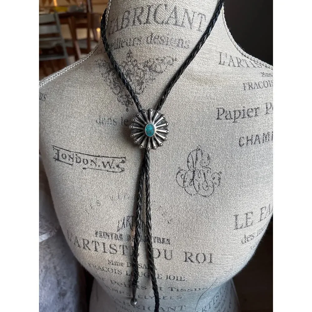 Vintage Turquoise Silver Bolo Tie Southwest Navajo Inspired Unisex Jewelry